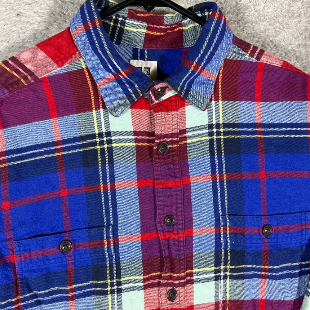 Uniqlo Mens Blue Red Plaid Flannel Button Down Shirt 100% Cotton Size M 171006